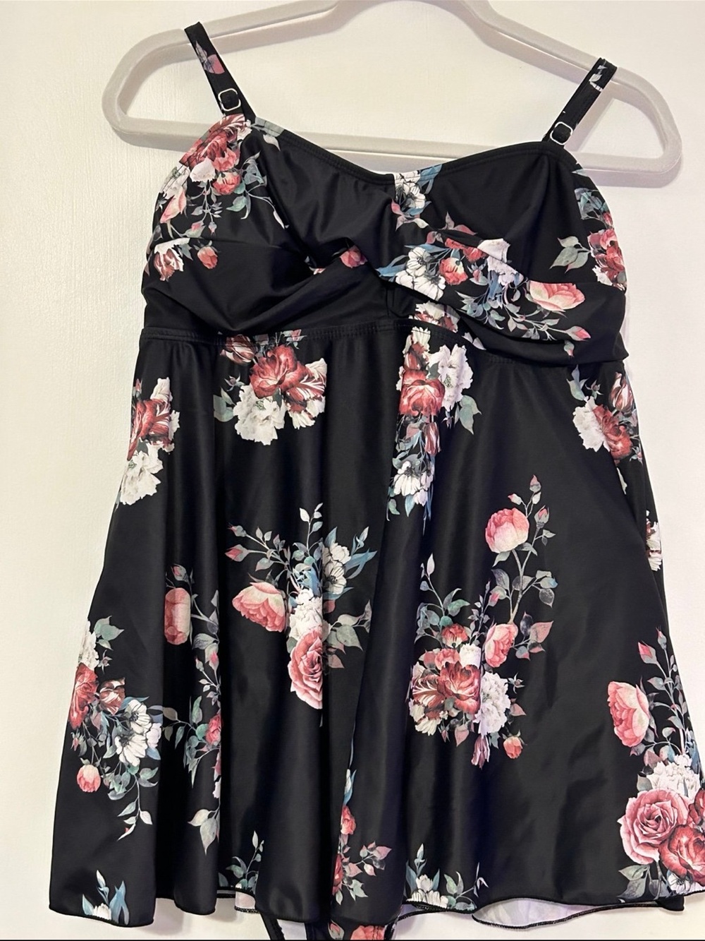 Black Floral Tankini Dress with Pink Rose Print